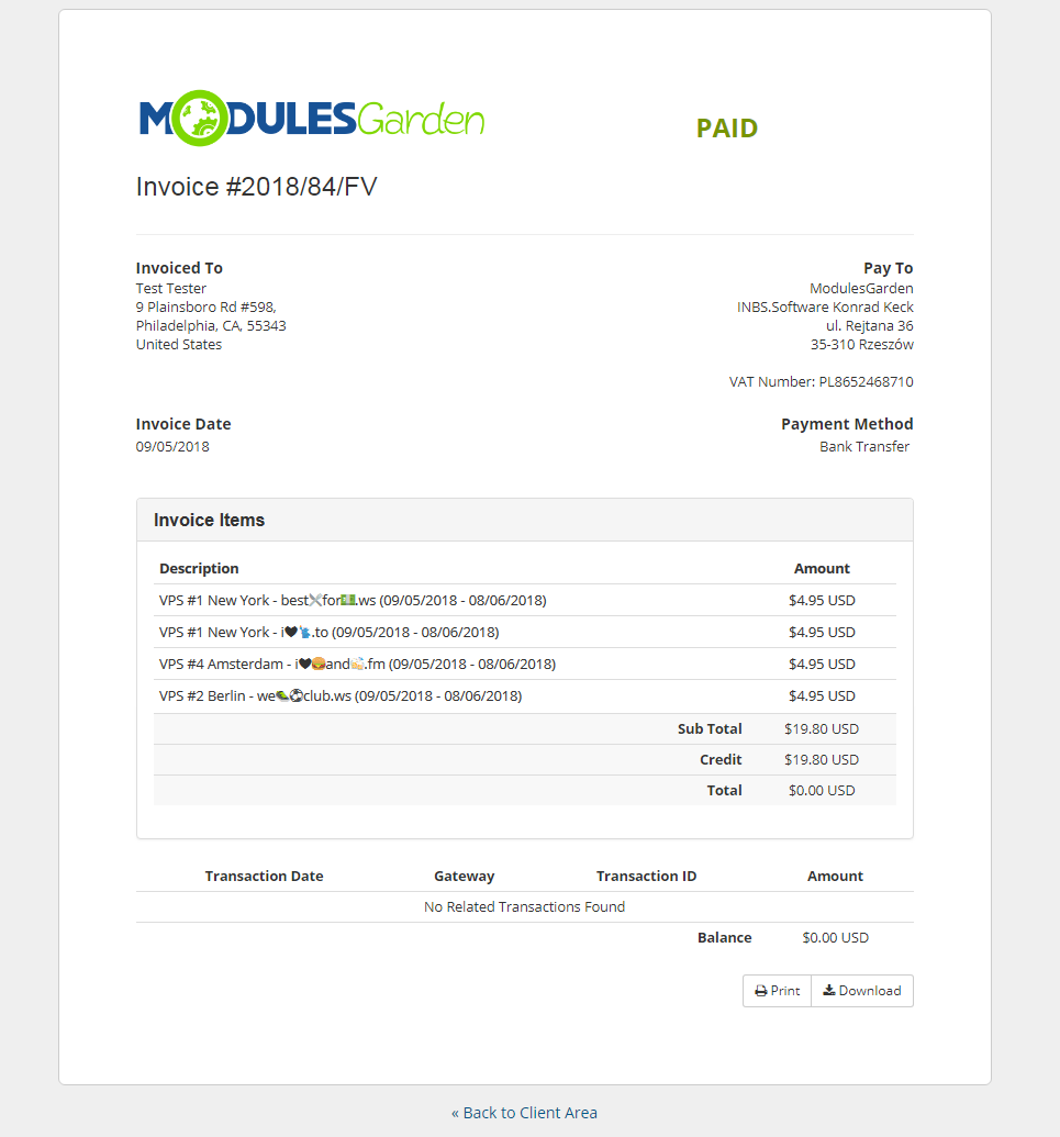 Emoji Picker For WHMCS: HTML invoice with emoji domain names in the invoice items table