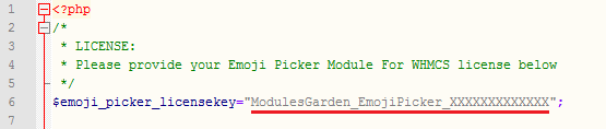 Emoji Picker For WHMCS: license.php file open in an editor with the license key line highlighted