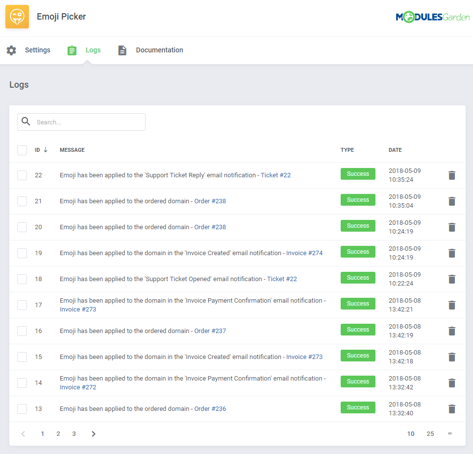 Emoji Picker For WHMCS: module Logs tab listing emoji actions applied to orders, invoices and emails