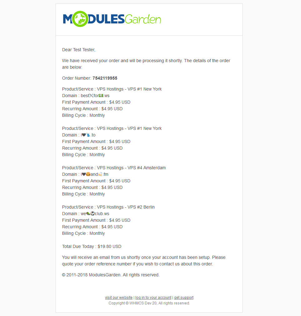 Emoji Picker For WHMCS: order confirmation email with emoji domains shown in the product details
