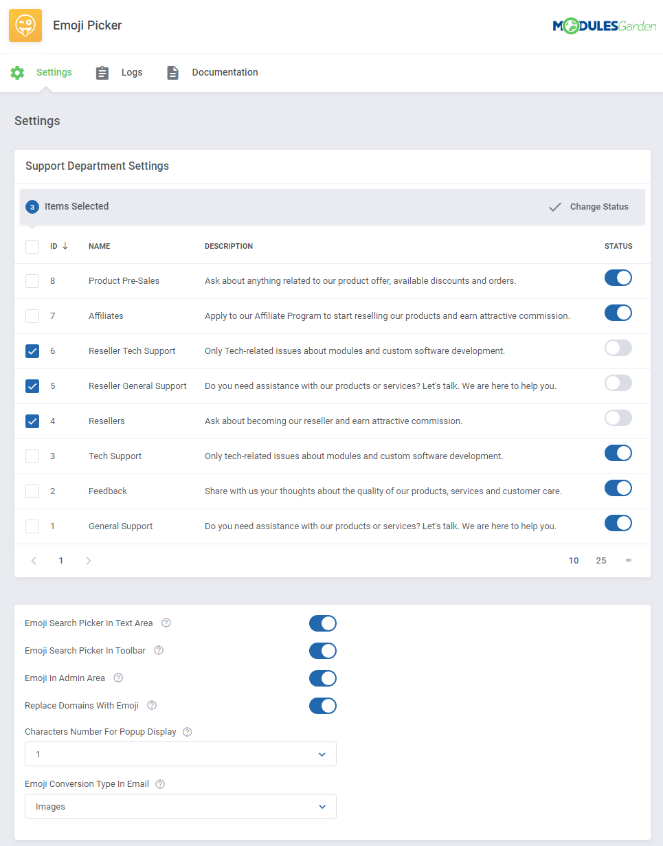 Emoji Picker For WHMCS: module Settings tab with support departments and email conversion type set to Images