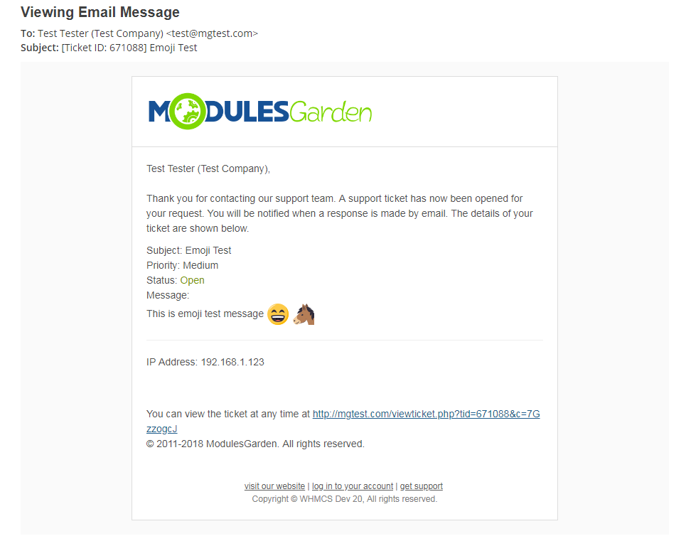 Emoji Picker For WHMCS: ticket email notification in the client inbox with emoji shown as images