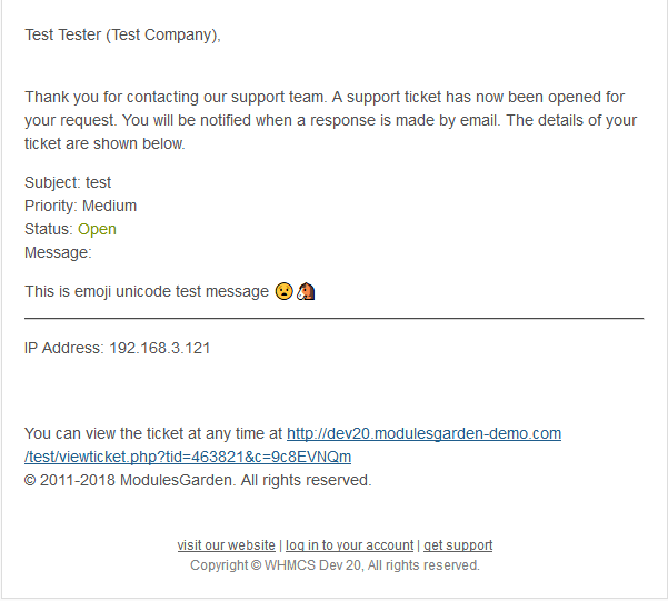 Emoji Picker For WHMCS: ticket email notification in the client inbox with emoji shown as Unicode symbols