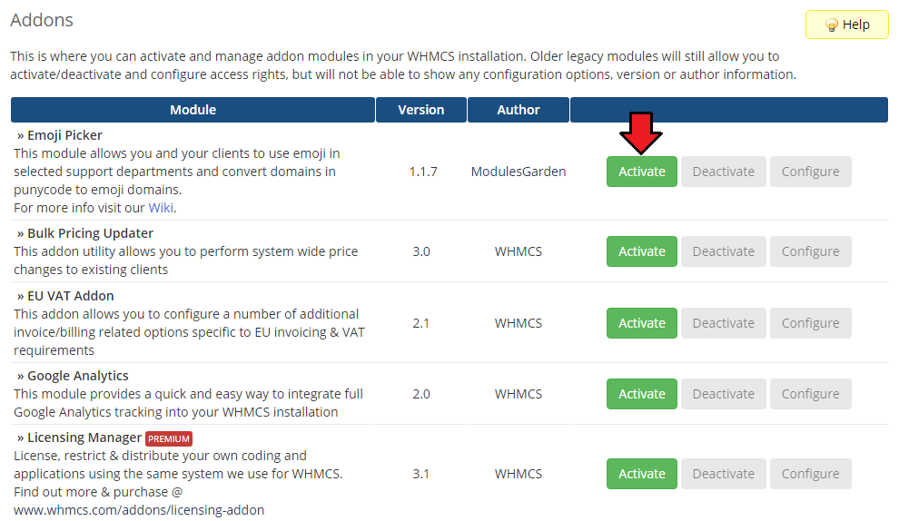 Emoji Picker For WHMCS: WHMCS Addon Modules list with the Activate button next to the module
