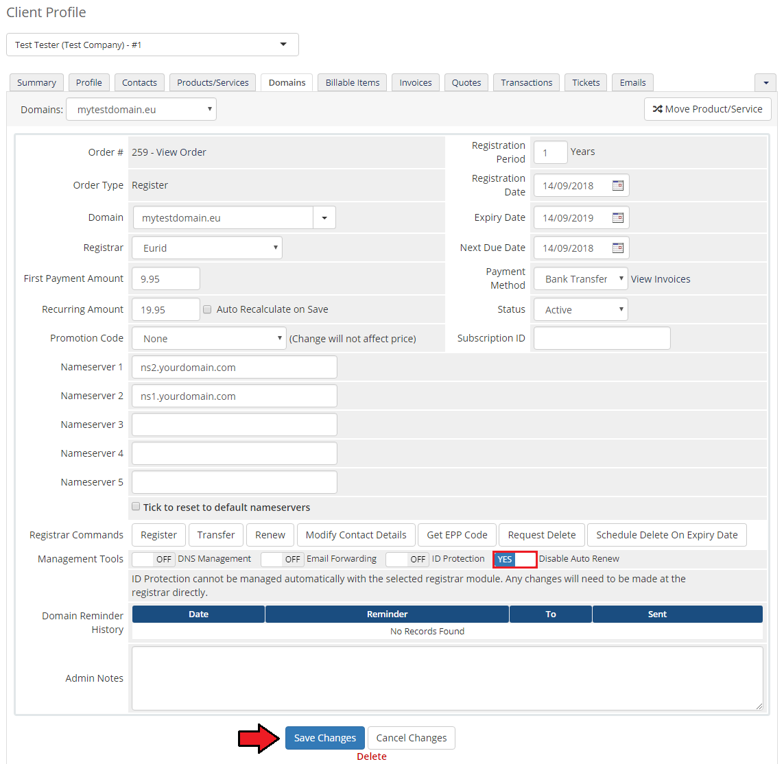 EURid Registrar For WHMCS: WHMCS admin domain details with Disable Auto Renew toggle on and the Save Changes button