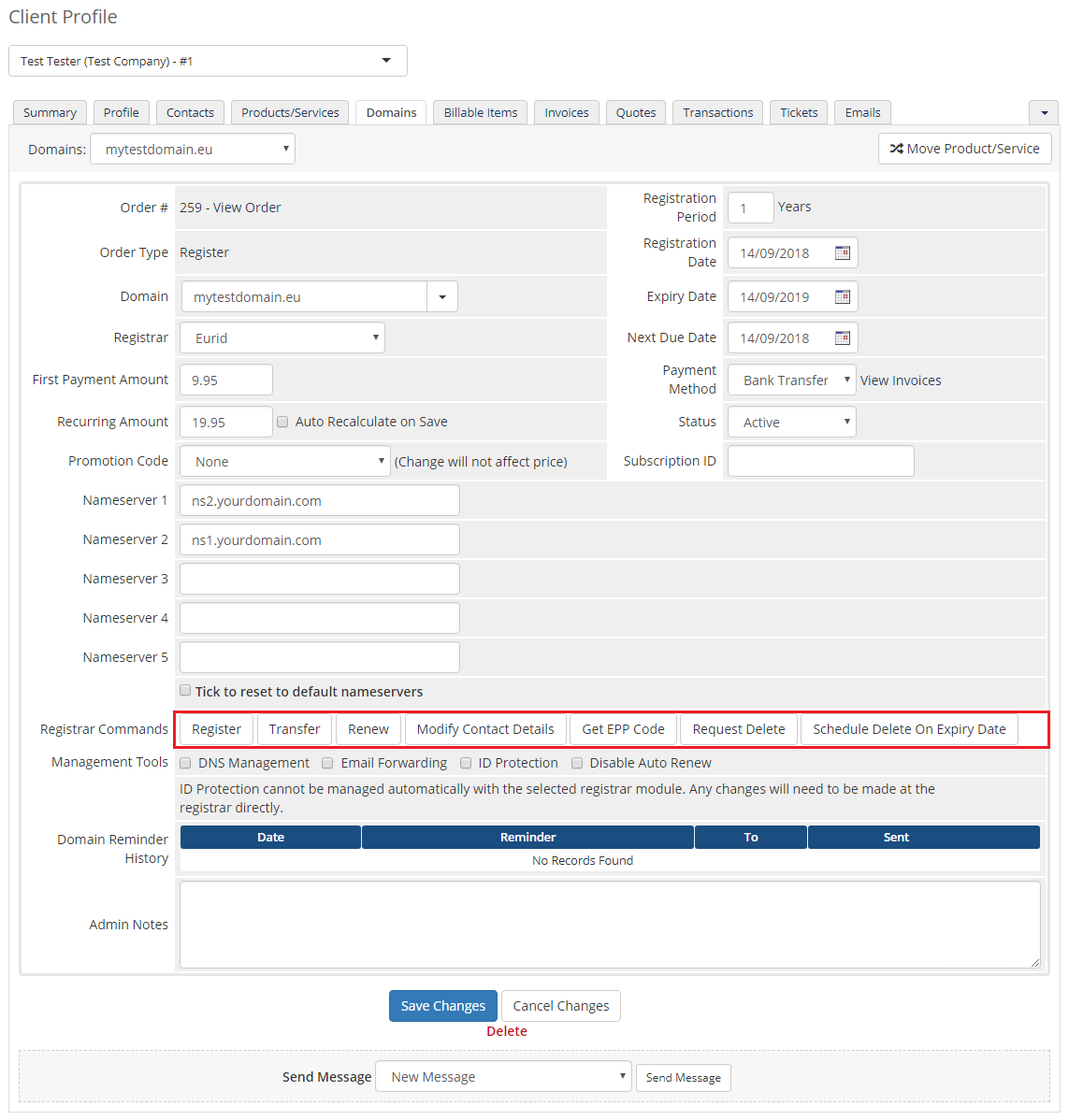 EURid Registrar For WHMCS: WHMCS admin client Domains tab with the registrar command buttons highlighted