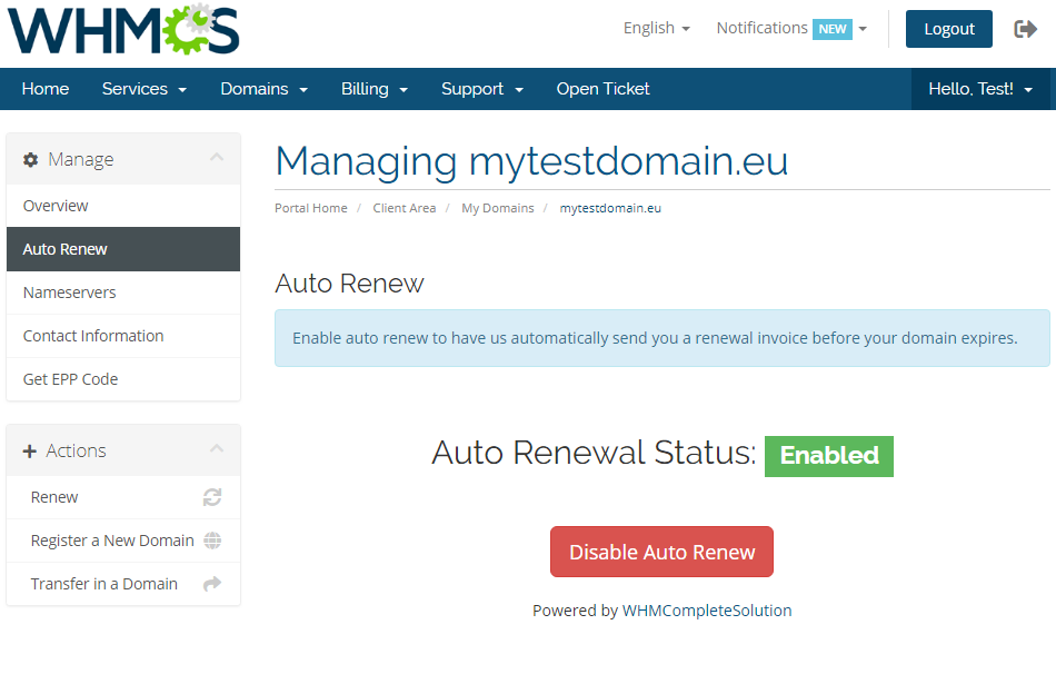 EURid Registrar For WHMCS: WHMCS client area Auto Renew tab showing status Enabled and the Disable Auto Renew button