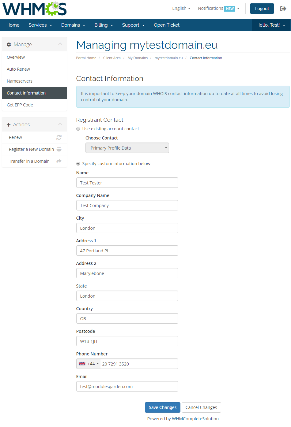 EURid Registrar For WHMCS: WHMCS client area Contact Information tab with the registrant contact form and Save Changes