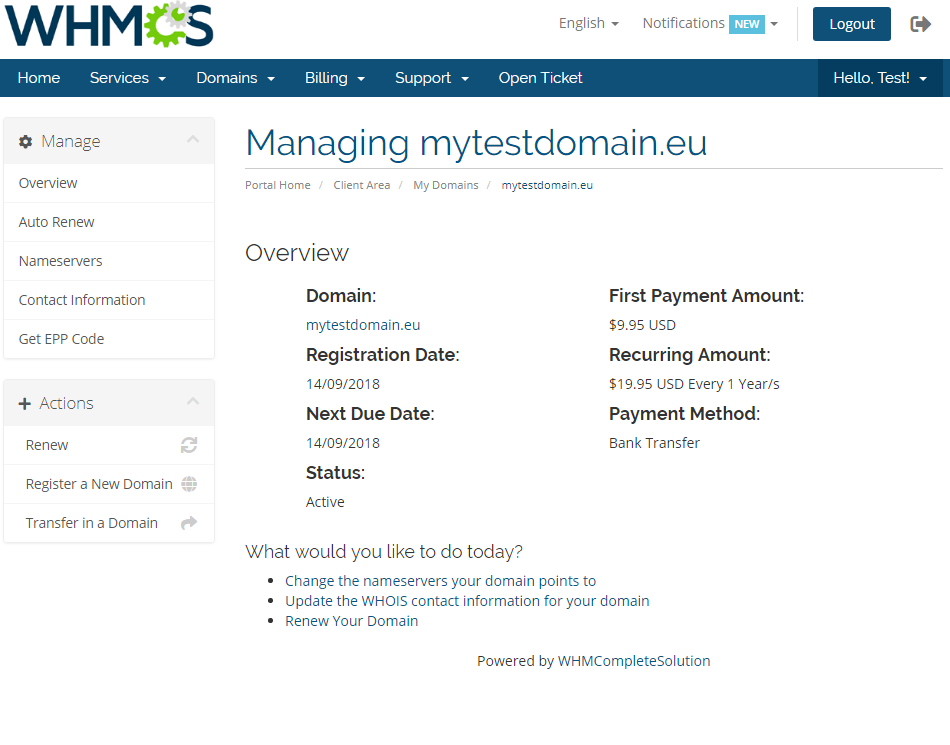 EURid Registrar For WHMCS: WHMCS client area Managing mytestdomain.eu overview page with domain details and Manage menu