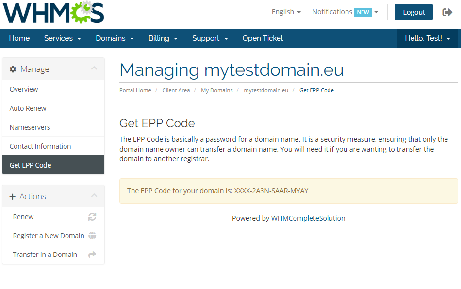EURid Registrar For WHMCS: WHMCS client area Get EPP Code page displaying the EPP code for mytestdomain.eu