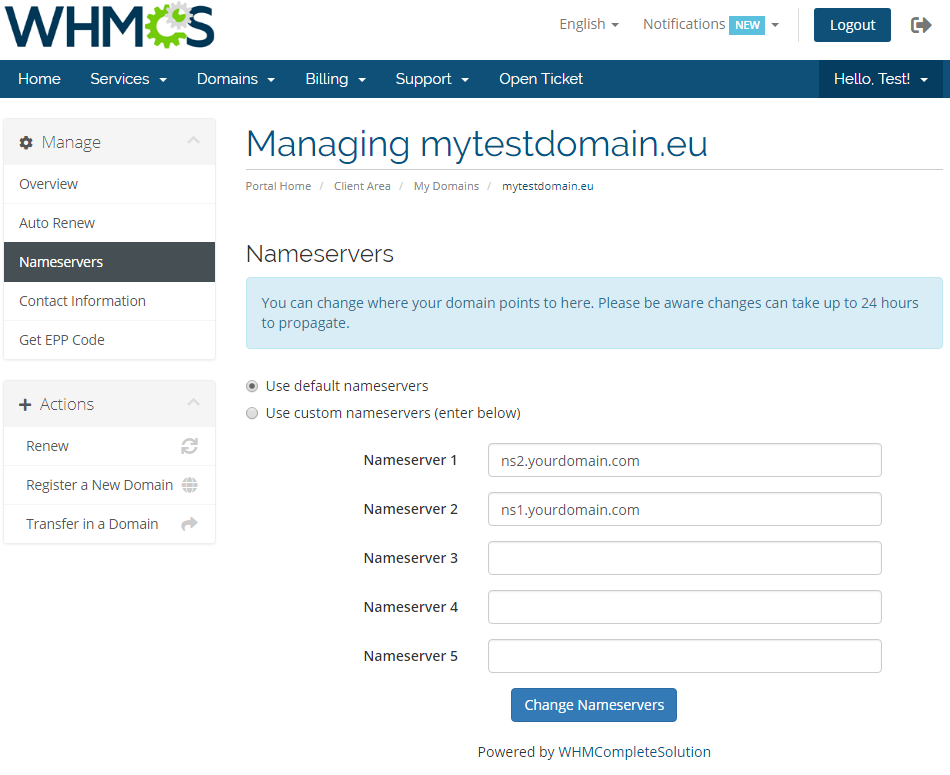 EURid Registrar For WHMCS: WHMCS client area Nameservers tab with nameserver options and Change Nameservers button