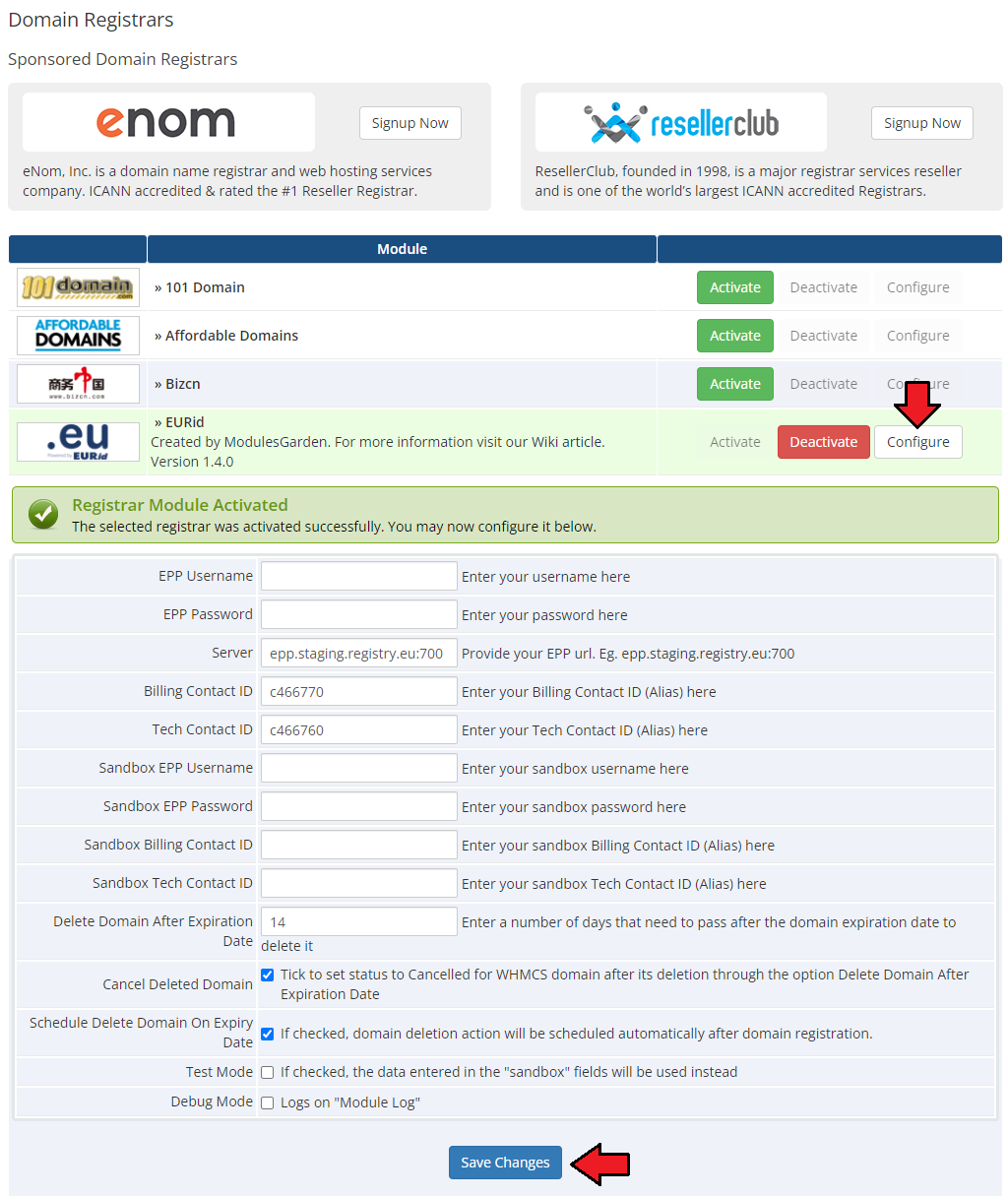 EURid Registrar For WHMCS: EURid settings in WHMCS Domain Registrars with Server and contact ID fields and Save Changes