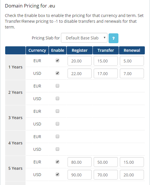 EURid Registrar For WHMCS: Domain Pricing for .eu window with register, transfer and renewal prices per currency and