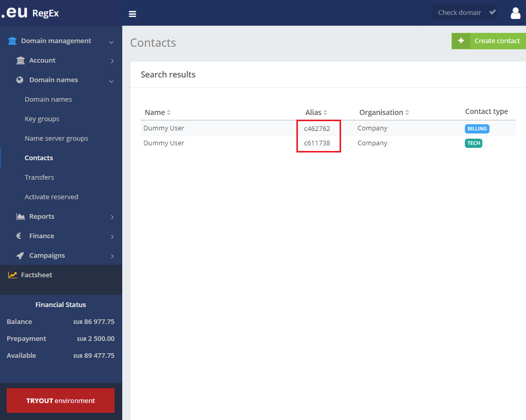 EURid Registrar For WHMCS: EURid registry panel Contacts page with Alias values for Billing and Tech contacts