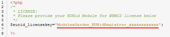 EURid Registrar For WHMCS: license.php file open in an editor with the license key entered between quotation marks