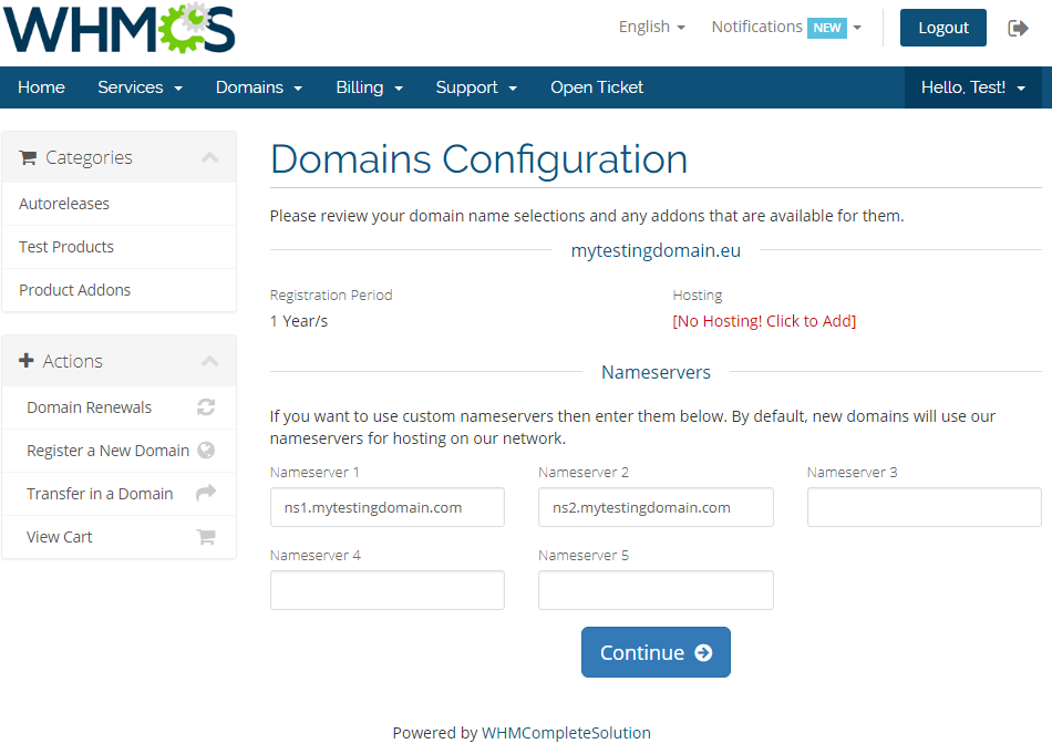 EURid Registrar For WHMCS: WHMCS cart domain configuration for mytestdomain.eu with nameserver fields and Continue