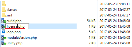 EURid Registrar For WHMCS: file manager with licenseRENAME.php being renamed to license.php in the EURid registrar