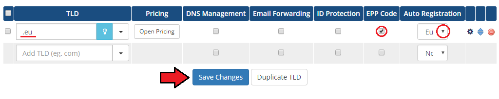 EURid Registrar For WHMCS: WHMCS domain pricing page with the .eu TLD, EPP Code option checked and Save Changes button
