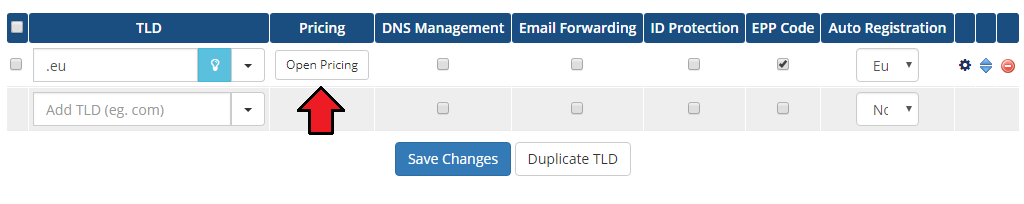 EURid Registrar For WHMCS: WHMCS domain pricing page with the Open Pricing button for the .eu TLD highlighted