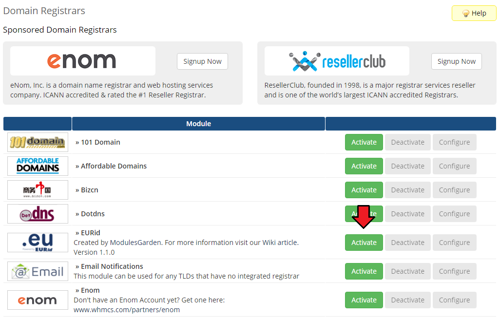 EURid Registrar For WHMCS: WHMCS Domain Registrars list with the Activate button next to the EURid module