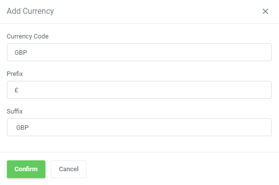 Expense Tracker For WHMCS: Add Currency dialog with currency code, prefix and suffix fields filled in