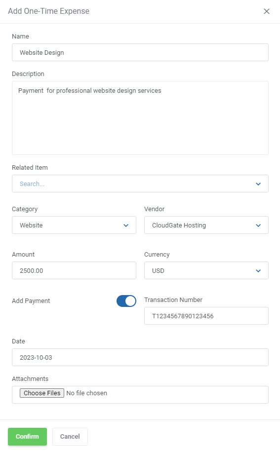 Expense Tracker For WHMCS: Add One-Time Expense form with category, vendor, amount, payment toggle, date and attachments