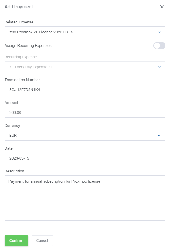 Expense Tracker For WHMCS: Add Payment form with related expense, transaction number, amount, currency, date and