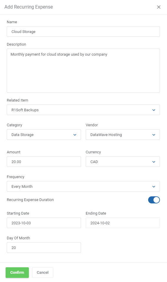 Expense Tracker For WHMCS: Add Recurring Expense form with name, category, vendor, amount, frequency and duration dates