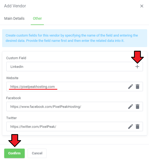 Expense Tracker For WHMCS: Add Vendor dialog on the Other tab with custom fields such as Website, Facebook and Twitter