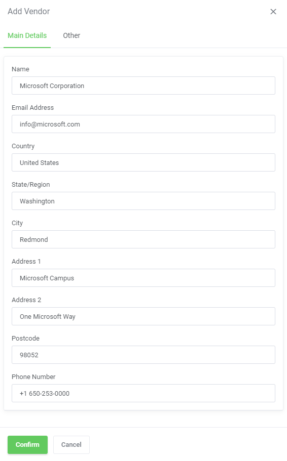 Expense Tracker For WHMCS: Add Vendor dialog on the Main Details tab with name, email, address and phone fields