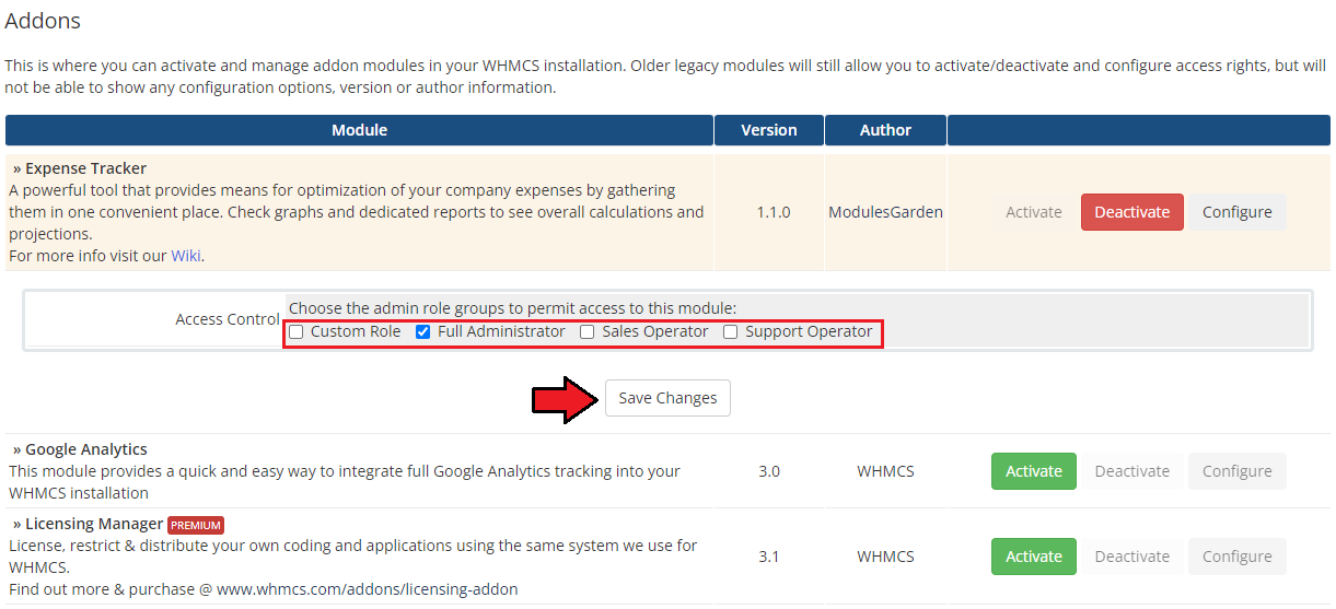 Expense Tracker For WHMCS: WHMCS Addon Modules access control with Full Administrator ticked and Save Changes button