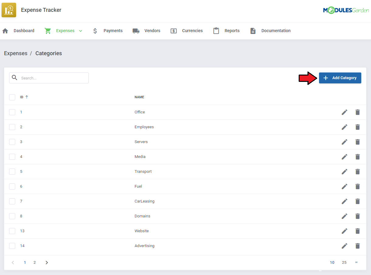 Expense Tracker For WHMCS: Categories list in the Expenses menu with the Add Category button highlighted