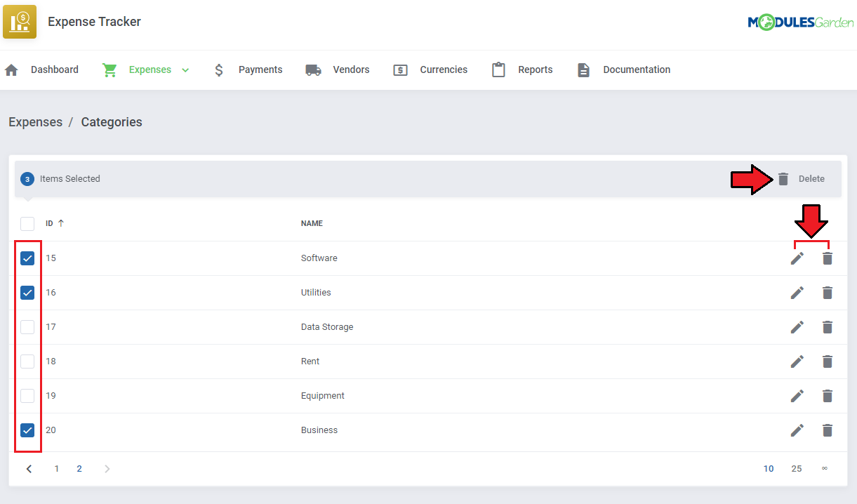 Expense Tracker For WHMCS: Categories list with three rows selected, the mass Delete button and edit and delete icons