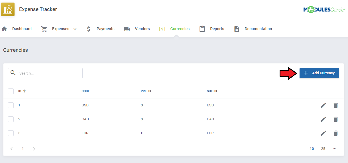 Expense Tracker For WHMCS: Currencies list with USD, CAD and EUR and the Add Currency button highlighted