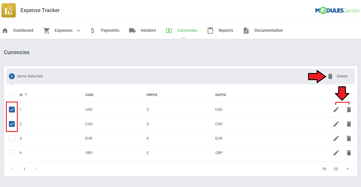 Expense Tracker For WHMCS: Currencies list with two rows selected, the mass Delete button and edit and delete icons