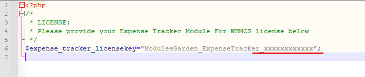 Expense Tracker For WHMCS: license.php file open in an editor with the license key placed between quotation marks