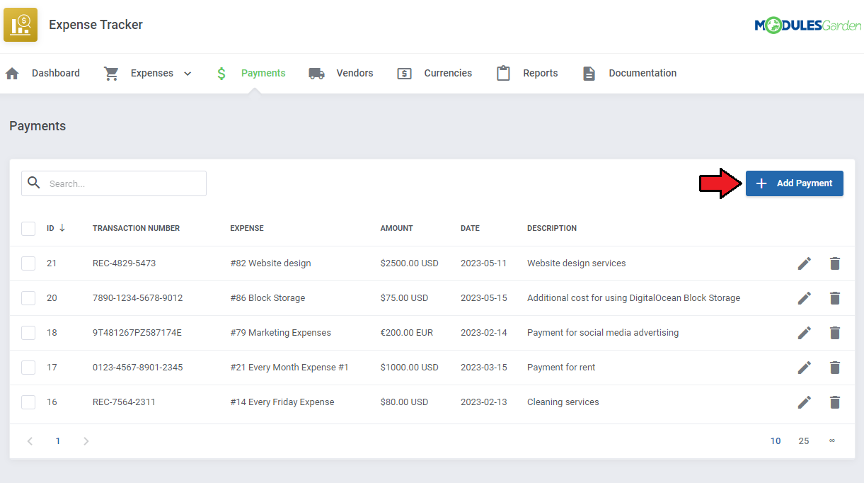 Expense Tracker For WHMCS: Payments list with transaction numbers and the Add Payment button highlighted