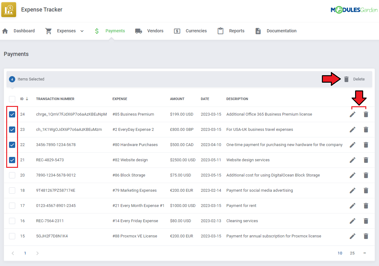 Expense Tracker For WHMCS: Payments list with four rows selected, the mass Delete button and edit and delete icons
