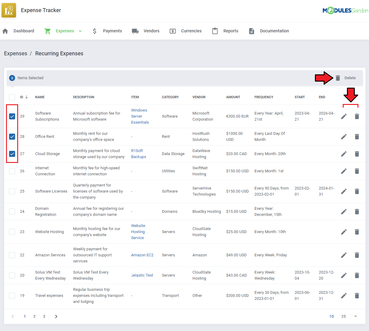 Expense Tracker For WHMCS: Recurring Expenses list with three rows selected and the mass Delete button