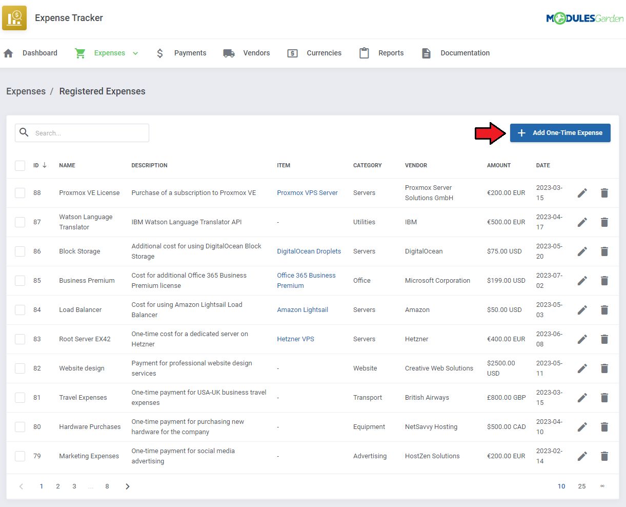 Expense Tracker For WHMCS: Registered Expenses list with the Add One-Time Expense button highlighted