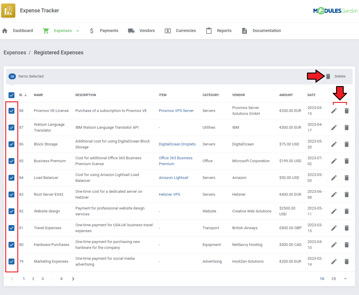 Expense Tracker For WHMCS: Registered Expenses list with all rows selected, mass Delete button and edit and delete icons