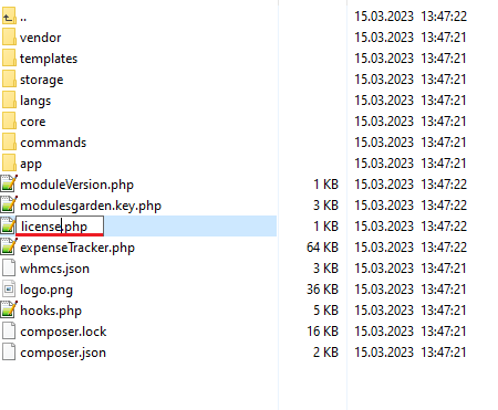 Expense Tracker For WHMCS: file list of the module directory with licenseRENAME.php being renamed to license.php
