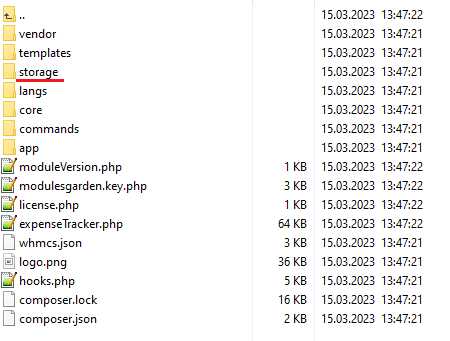 Expense Tracker For WHMCS: module directory file list with the storage folder underlined for write permissions
