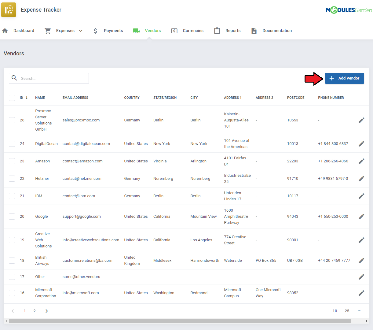 Expense Tracker For WHMCS: Vendors list with address and contact columns and the Add Vendor button highlighted