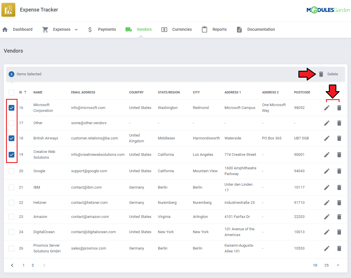 Expense Tracker For WHMCS: Vendors list with three rows selected, the mass Delete button and edit and delete icons