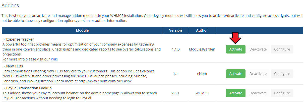 Expense Tracker For WHMCS: WHMCS Addon Modules list with the Activate button next to Expense Tracker
