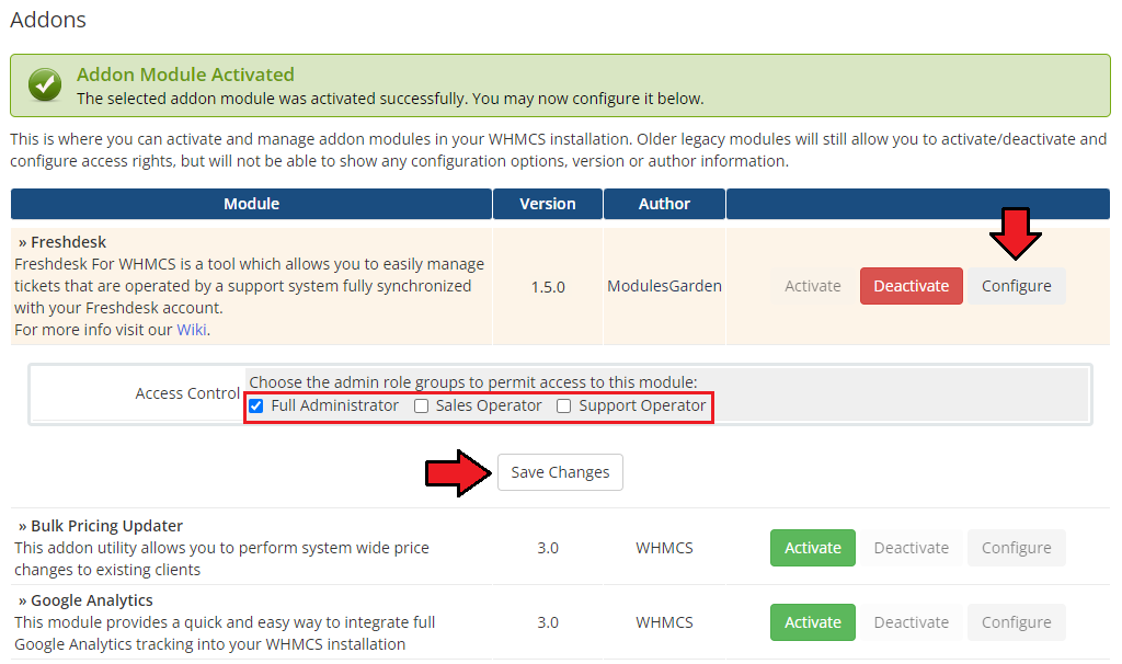 Freshdesk For WHMCS: the activated Freshdesk addon in WHMCS with Configure and admin role access control checkboxes