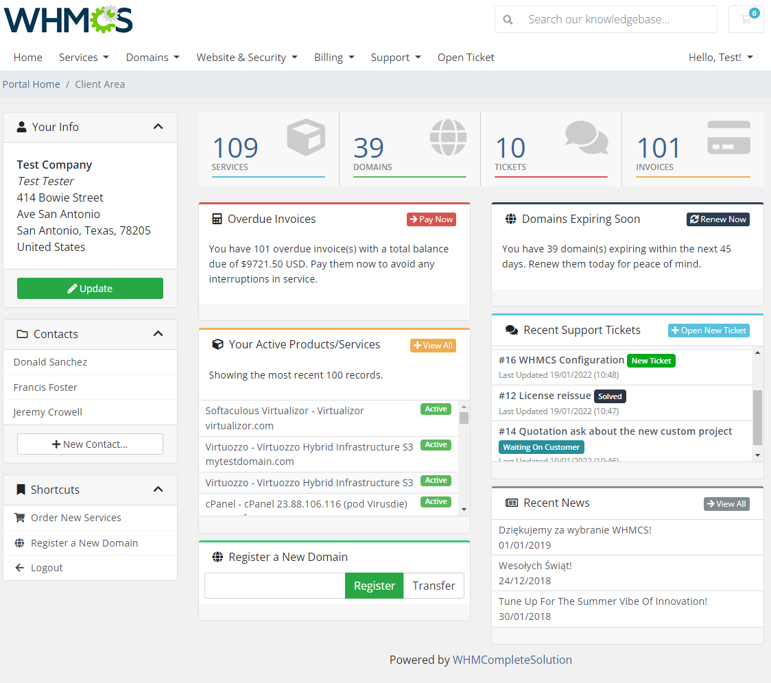 Freshdesk For WHMCS: the WHMCS client area home page with Recent Support Tickets marked with colored status labels