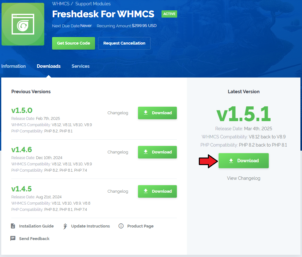 Freshdesk For WHMCS: the ModulesGarden client area Downloads tab with the Download button for the latest version