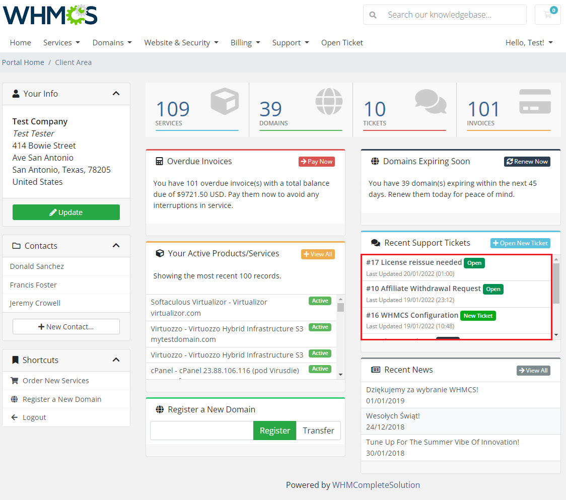 Freshdesk For WHMCS: WHMCS client area home page with the Recent Support Tickets box marked in red